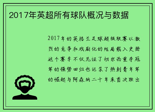 2017年英超所有球队概况与数据