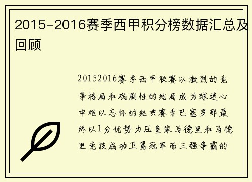 2015-2016赛季西甲积分榜数据汇总及回顾