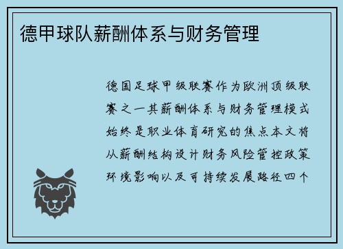 德甲球队薪酬体系与财务管理